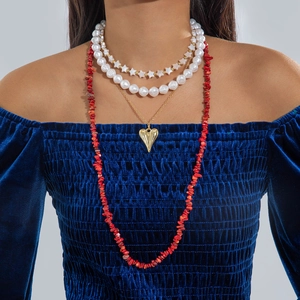 Bohemian Retro Layered Necklace Heart Pendant Star Imitation Artificial Pearl Red Stone Chips Fashion Jewelry Women