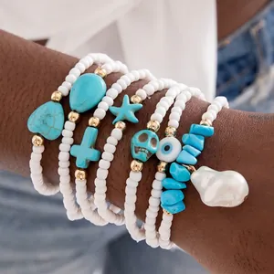 Bohemian Multi Layer Beaded Bracelet Turquoise Faux Artificial Pearl Alloy Heart Cross Starfish Evil Eye Charms Jewelry Accessories