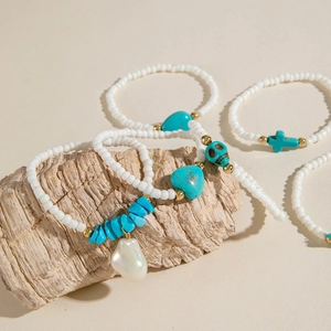 Bohemian multilayer beaded bracelet set with turquoise charms and white round beads