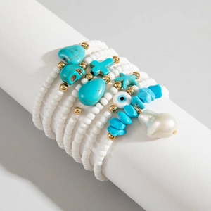 Bohemian multi-layer turquoise beaded bracelet set with shell heart and evil eye charms