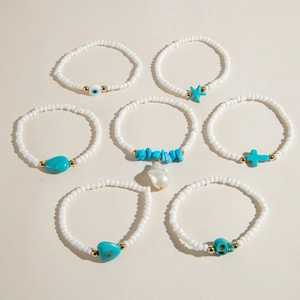 Bohemian multi-layer turquoise bead bracelet set with evil eye and heart charms