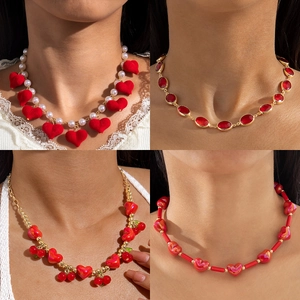 Red Heart Pendant Necklace Layered Bead Artificial Pearl Velvet Cherry Strawberry Fruit Sweet Jewelry Valentine Day Gift