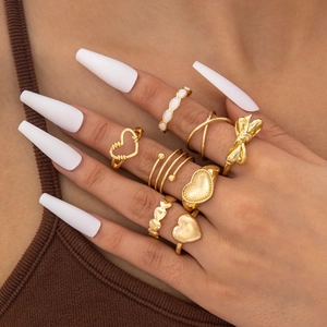 Alloy Rings Collection Heart Bowknot Hollow Out Enamel Geometric Stackable Fashion Jewelry For Women Gold Color