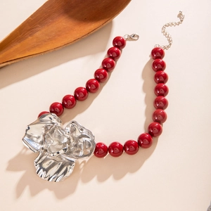 Statement dark red bead necklace with vintage silver alloy flower pendant for women