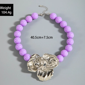 Chunky purple acrylic beads with silver metal flower pendant, 104.4g weight and size details