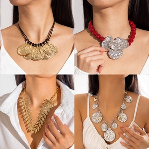 Statement Necklace Retro Exaggerated Acrylic Beaded Flower Pendant Alloy Leaf Coin Chunky Boho Jewelry For Women Fashion