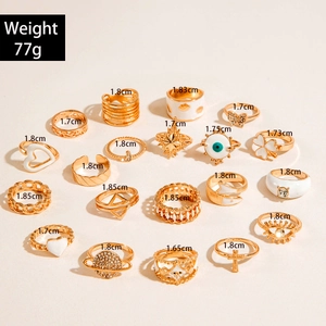 Détails d'un lot de 20 bagues bohèmes dorées avec indications du diamètre intérieur