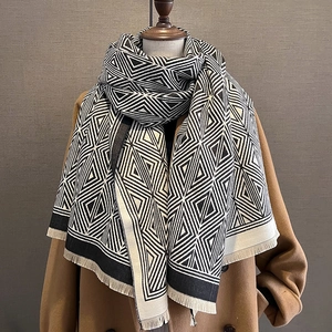 Geometric Plaid Imitation Cashmere Scarf Shawl For Women Winter Warm Tassel Fringe Soft Versatile Fashion Wrap