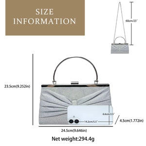 Detailed size comparison of silver pleated evening bag with mobile phone and metal handle