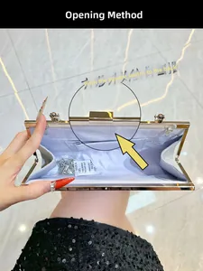 Detail showing the internal satin lining and metal chain strap of silver evening clutch