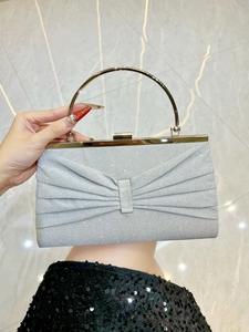 Glitter Evening Clutch Bag Round Metal Handle Pleated Bow Design For Women Wedding Party Dinner Handbag
