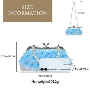 Detailed size chart for evening lace clutch with pearl handle and rhinestone chain