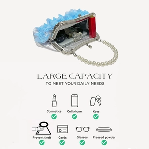 Internal view of light blue lace evening bag with pearl handle and metal clasp