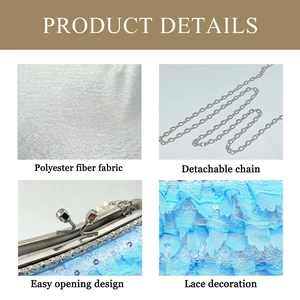 Detail of light blue lace clutch with rhinestone clasp and silver detachable chain strap
