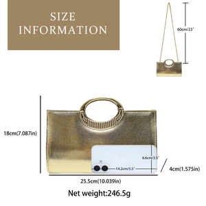 Size information diagram for golden evening clutch bag with rhinestone handle and chain