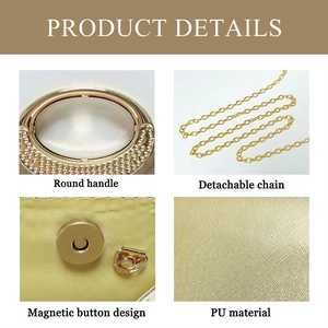 Detail view of gold evening bag showing rhinestone handle, chain and PU texture