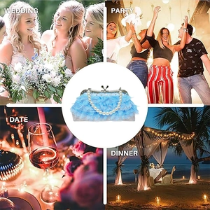 Light blue pleated evening bag with pearl handle shown in wedding and party scenarios