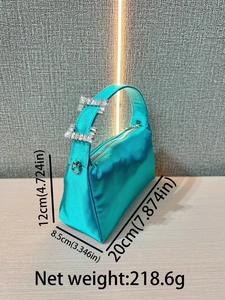 Elegant teal satin evening bag with rhinestone accents, showing size dimensions and weight