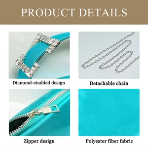 Detailed views of turquoise satin clutch with rhinestone buckle and silver chain strap