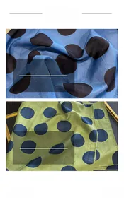 Dettaglio di foulard leggeri con grandi pois nei colori blu e verde oliva naturale