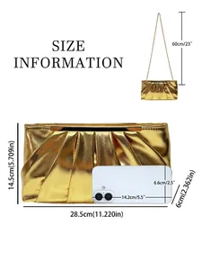 Pleated gold clutch bag with chain strap and sizing chart for luxury evening wear