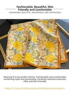 Detail view of floral cotton silk square scarf showing 65x65cm size and premium fabric