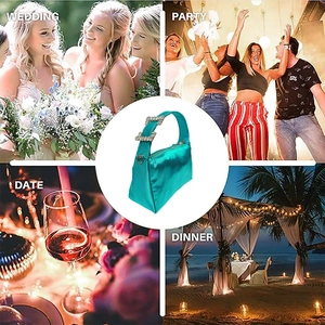 Luminous blue satin evening bag with decorative crystal buckles for elegant social parties