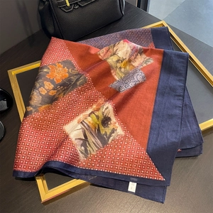 Vintage floral silk square scarf with red checkered pattern and deep blue borders
