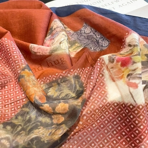 Vintage orange and navy floral silk square scarf with geometric patterns for women