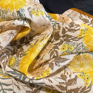 Elegant thin square scarf with vintage yellow floral print and lightweight fabric
