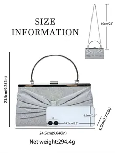 Sparkly silver pleated evening clutch bag with metal handle and detailed size chart info