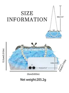Light blue lace evening bag with pearl handle and sequins shown with size dimensions