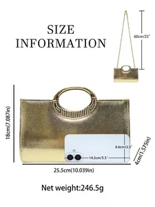 Sparkling gold evening clutch with hollow metal handle and chain strap sizing details