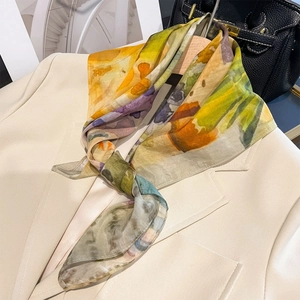 Carré De Satin Imprimé Peinture À L'huile Abstraite Mélange Satin De Mûrier Coton Foulard Élégant Mode Pour Femmes