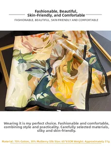 Detail of vintage floral scarf showing 70% cotton 30% silk fabric texture and edge