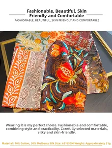 Detail eines Seiden-Baumwoll-Schals mit Vintage-Blumendruck und Materialdaten