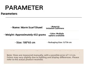Größentabelle für den 180x65cm warmen Schal aus Kaschmir-Imitat mit Materialdetails