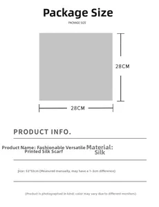 Detailed size specifications for silk scarf 53x53cm with 28x28cm packaging guide