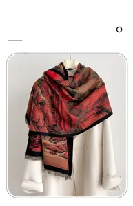 Detailed texture of imitation cashmere scarf with traditional Chinese landscape print