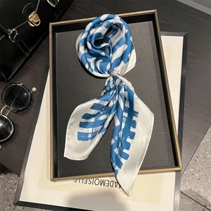 Elegant 100% Mulberry Silk Square Scarf For Women Blue White Abstract Grid Pattern Fashion Lightweight Silk Shawl Wrap Accessory