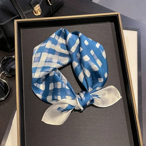 Blue and white plaid 100% mulberry silk square scarf with elegant knotted display