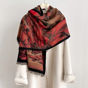 Vintage Chinese Landscape Print Scarf Shawl Imitation Cashmere Thick Warm Winter Outdoor Fringed Wrap For Women