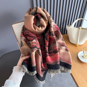 Winter faux cashmere shawl with vintage landscape print and tassel edges for women