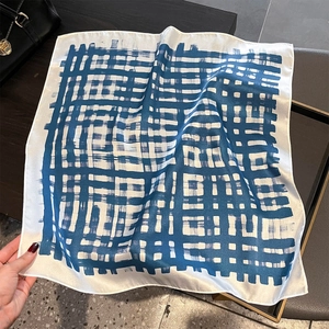 Blue abstract pattern 100% silk square scarf with hand-painted stripe design