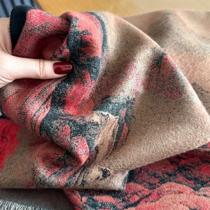 Luxurious winter faux cashmere shawl in retro camel and red floral pattern with tassels