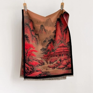 Winter faux cashmere scarf featuring a traditional Chinese landscape painting with tassels