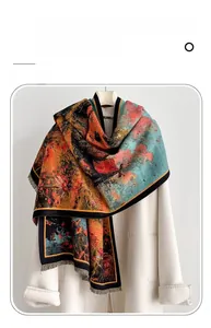 Detailed macro view of oil painting print imitation cashmere scarf with tassels