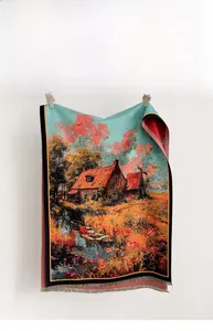Detail of oil painting print cashmere scarf with countryside house and floral patterns