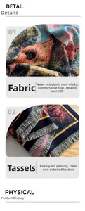 Detailed view of thick cashmere-like scarf fabric with house pattern and fine colorful tassels