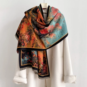 Oil Painting Landscape Print Scarf Shawl Imitation Cashmere Thick Warm Tassels Retro Artistic Wrap For Women